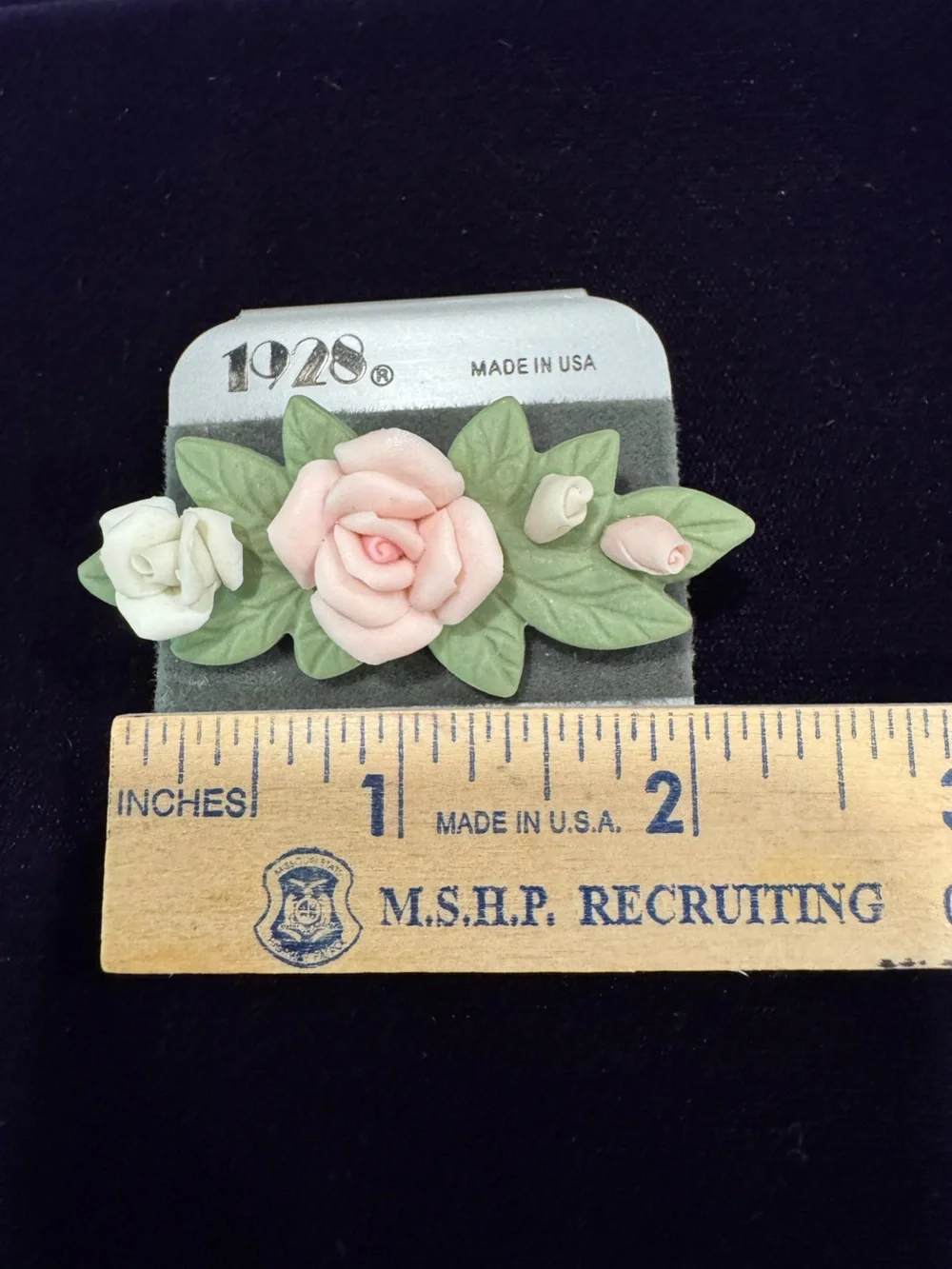 1928 Pale Pink and Cream Porcelain Rose Brooch with Green Leaves